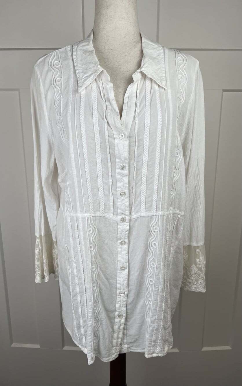 Soft Surroundings Tunic XL White Cotton Soutache Embroidered Lace Boho Shirt